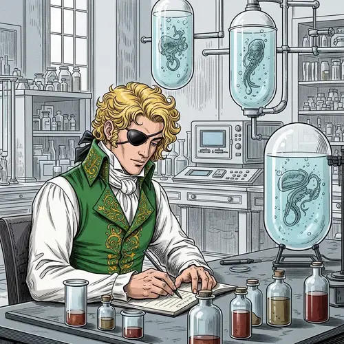 Curly-Haired Blond Man in 19th Century Scientific Laboratory