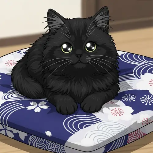 Black Persian Kitten on Soft Cushion Anime Style