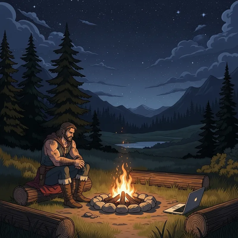 Pioneer Warrior by Campfire with Laptop in Wilderness Pioneer Warrior by Campfire with Laptop in Wilderness