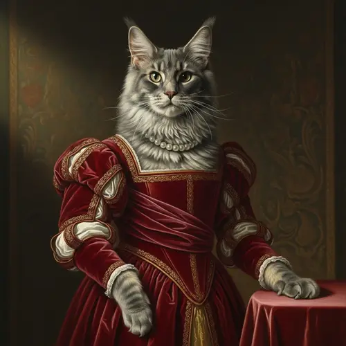 Renaissance-Inspired Maine Coon Cat Portrait in Grey Coat