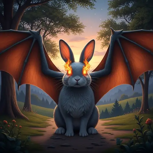 Rabbit with Dinosaur-like Wings and Flaming Eyes