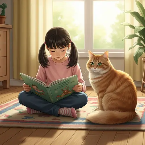 East Asian Girl with Ginger Cat | Tranquil Scene in Sunlit Room