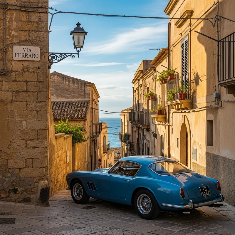 Blue Ferrari Scaglietti in Sciacca | Via Ferraro Street View