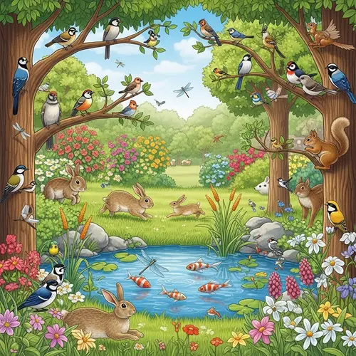 Lush Animal Garden: Birds, Rabbits, Fishes & Squirrels