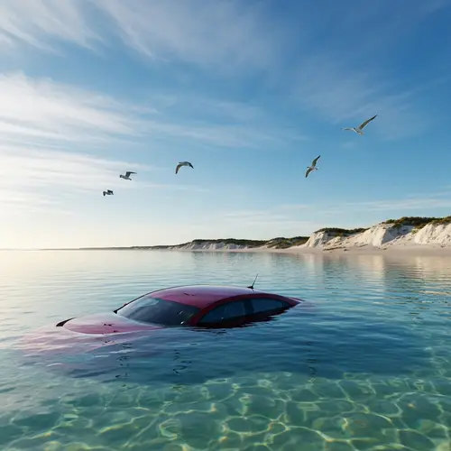 Red Car Submerged in Calm Sea | Deserted Beach Scene