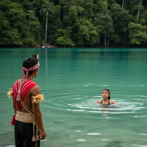 Lagoon Scene in the Philippines: Indigenous Man Observing a Swimming Native Filipino Lady