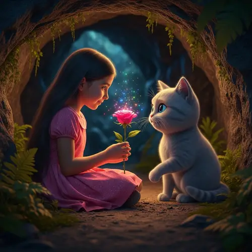 Girl and Cat in Jungle Cave: Enchanting Rose Scene in Realistic Art Style