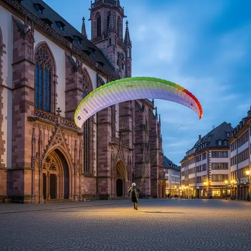 Paraglider Landing at Münsterplatz Church, Freiburg, Germany