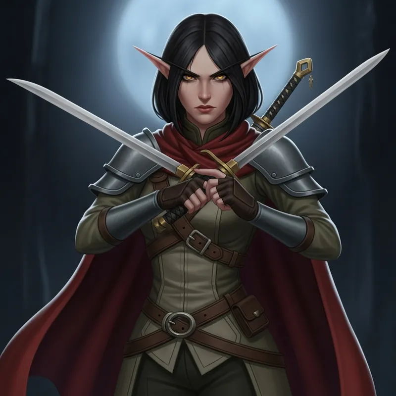 Stern Female Half-Elf Rogue of Caucasian Descent with Golden Eyes