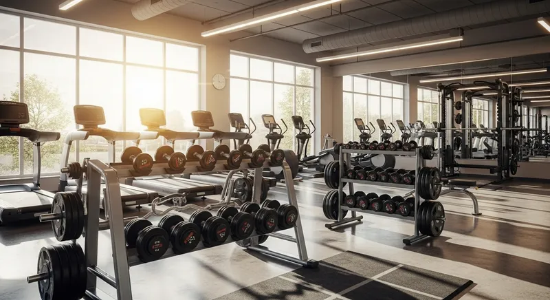 Sunlit Gym Interior with Cardio Machines and Weight Rack