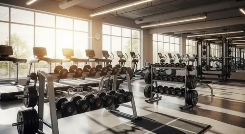 Modern Gym Interior with Sunlit Cardio Equipment and Weight Rack