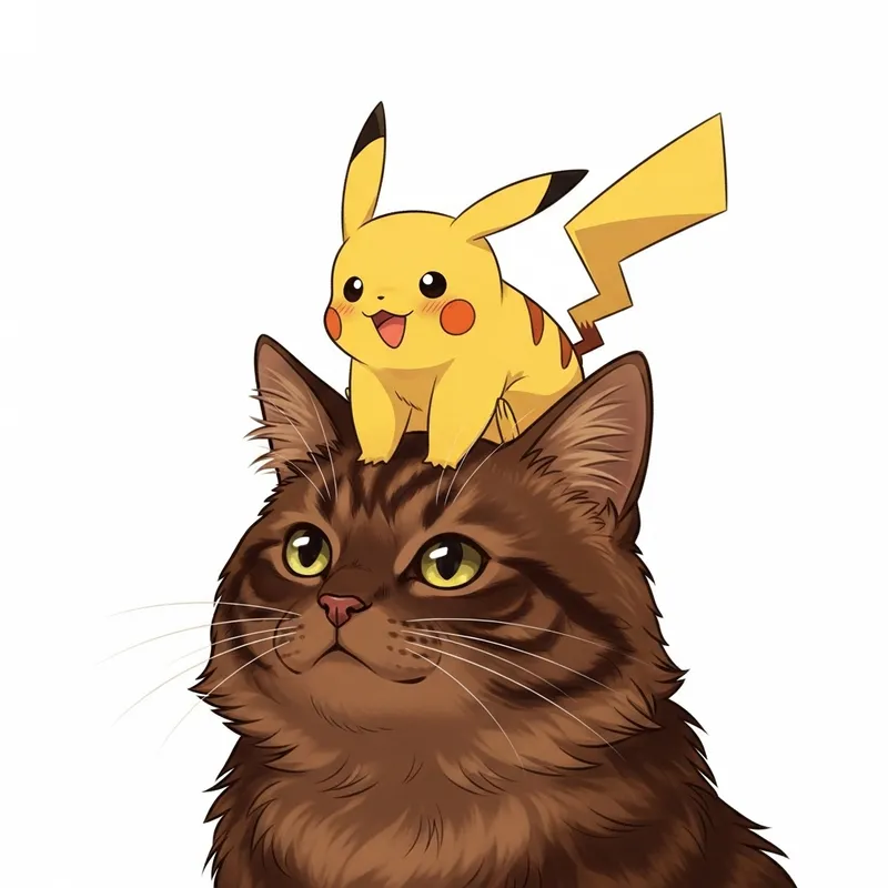Coffee-Brown Cat with Pikachu: Charming Illustration