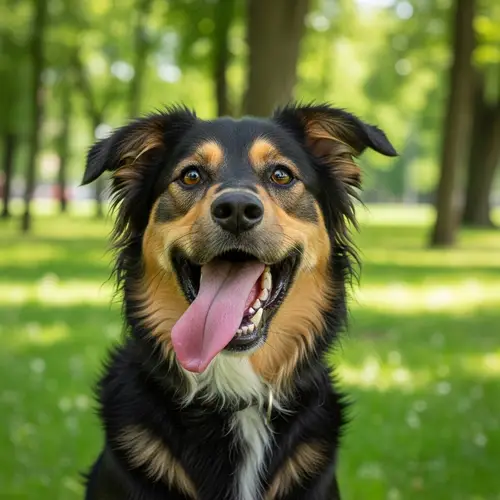 Happy Adult Dog with Black and Brown Soft Fur in Lush Green Park