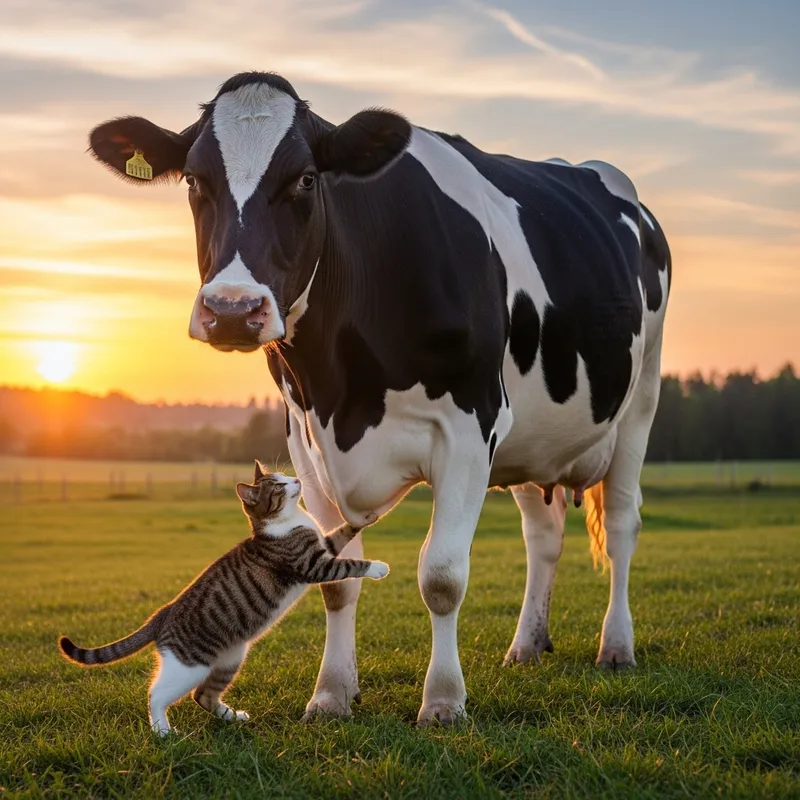 Tranquil Cow and Cat Friendship in Countryside