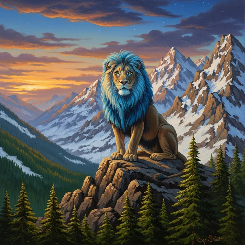 Blue Lion in Majestic Mountain Landscape