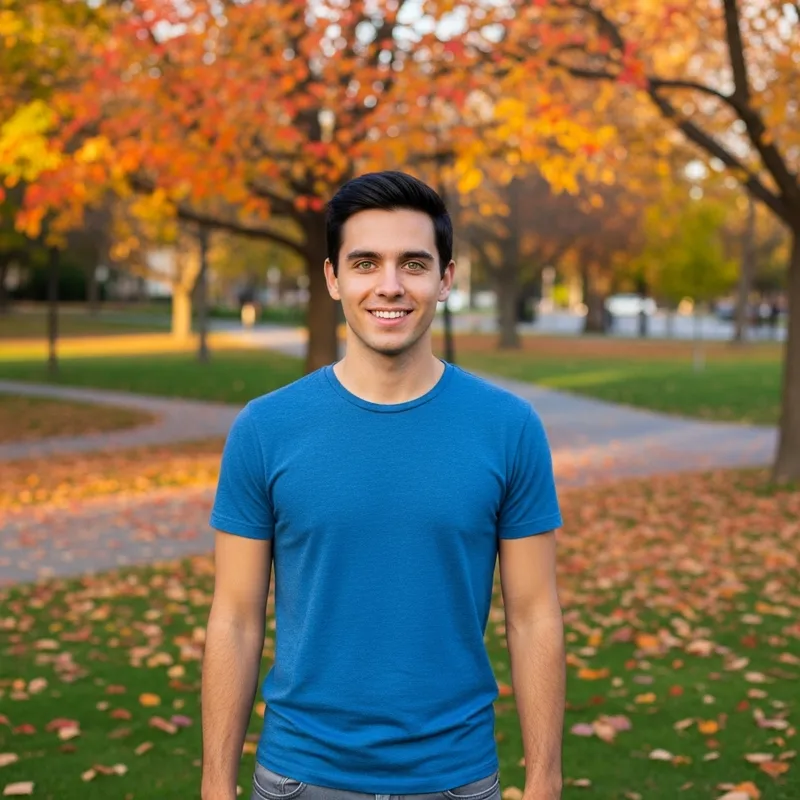 Young Man in Urban Park with Autumn Leaves