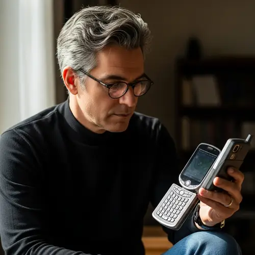 Stylish Man with Salt-and-Pepper Hair and Smartphone Device