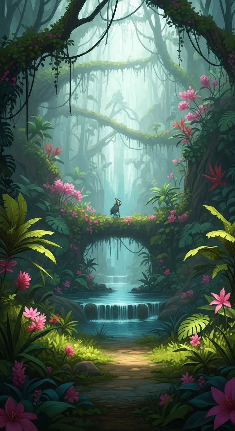 Enchanting Jungle Oasis: Vibrant Foliage & Tranquil Glow