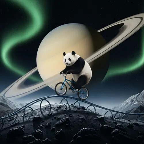 Playful Panda Biking on Saturn | Ethereal Journey Imagery