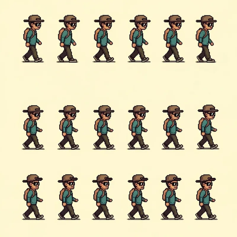 Pixel Art Spritesheet: Teen Guy Walking with Cap, Backpack, and Sunglasses