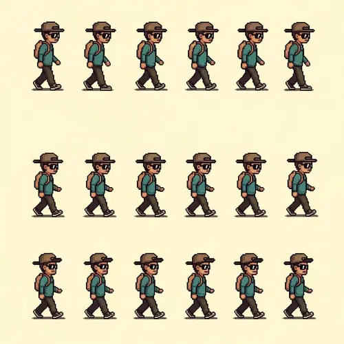 Pixel Art Spritesheet of Teen Guy Walking: Cap, Backpack, Sunglasses
