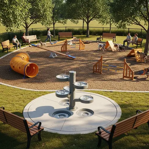 Cozy Dog Park Design: Equipment, Benches & Pet Fountain