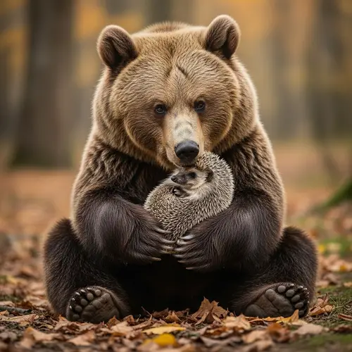 Friendly Brown Bear Hugging Cute Hedgehog in Forest | Wildlife Bonding