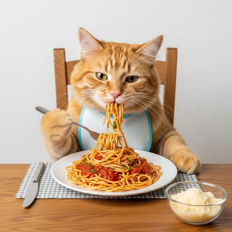 Adorable Cat Enjoying Spaghetti Delightfully