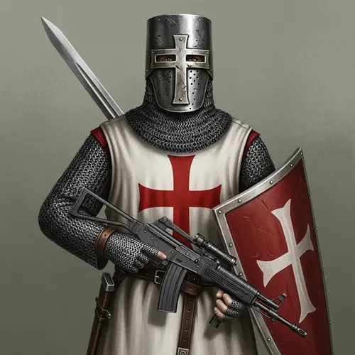 Medieval Crusader with Modern Firearm - Iconic Representation