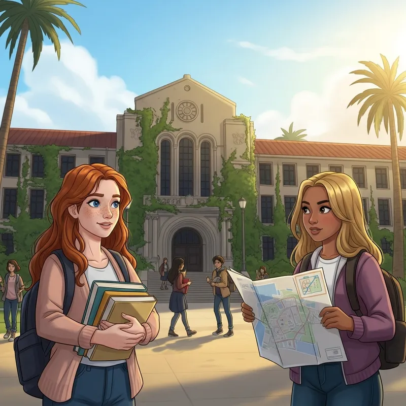Inclusive University Scene: Redhead and Blonde Students Embracing School Life Inclusive University Scene: Redhead and Blonde Students Embracing School Life