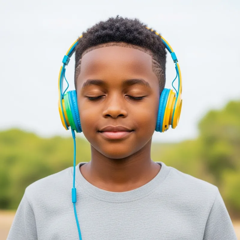 Serene Portrait of a Young African Boy Immersed in Music