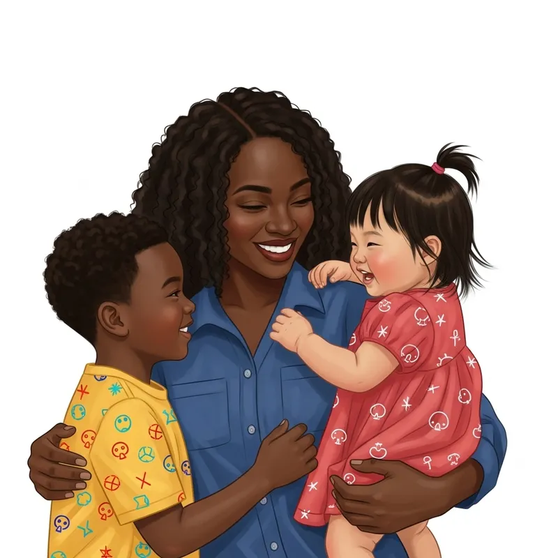 Vibrant Family Portrait: Black Mother with Son & East Asian Daughter