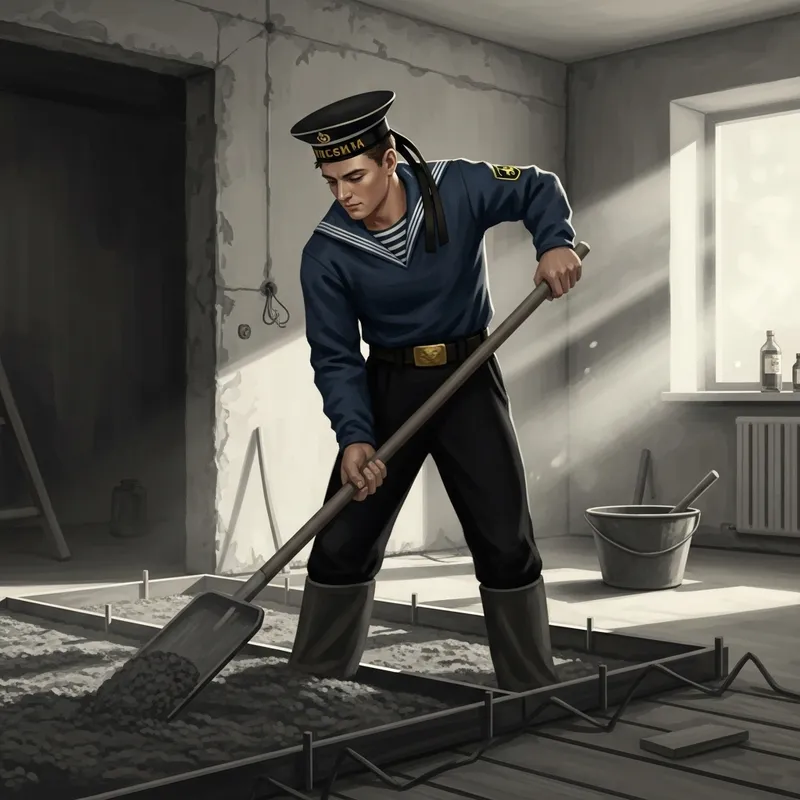 Vintage Russian Sailor Builder Pouring Concrete in Renovated Apartment Vintage Russian Sailor Builder Pouring Concrete in Renovated Apartment