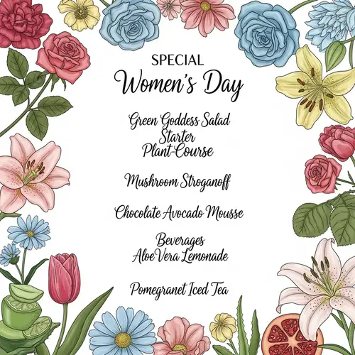 Women's Day Menu: Elegant Plant-Based Dishes & Beverages