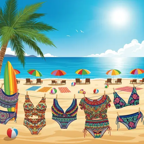 Summer Beach Scene with Sun Umbrellas and Surfboard