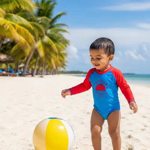 Lively South Asian Toddler in Red & Blue Swimsuit | Beach Fun