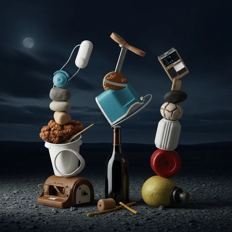 Dark Surreal Composition: Unrelated Objects in Mysterious Setting