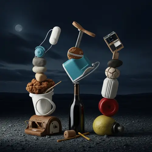 Surreal Dark Composition: Unexpected Objects in Desolate Landscape