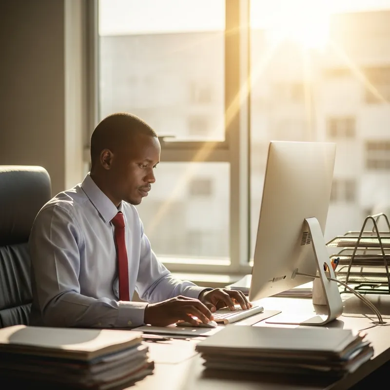 Kenyan Man Working in Office as Sun Shines Through Window
