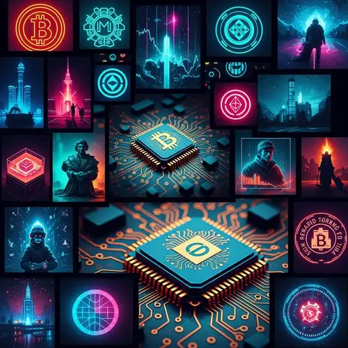 Cryptocurrency Digital Collage: Futuristic Neon Lights & Vibrant Elements