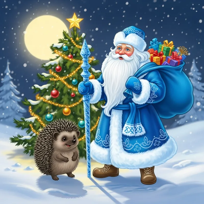 Hedgehog with Tree and Santa Claus: Russian Winter Celebration