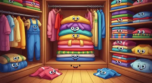 Magical Colorful Cartoon Wardrobe Overflowing with Playful Clothes