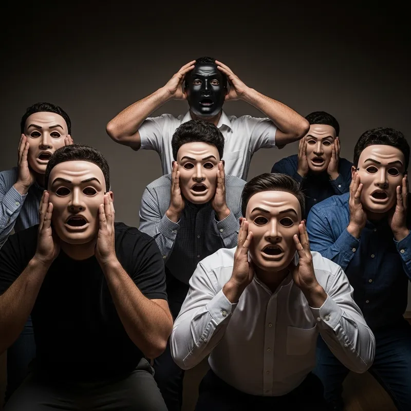 Men in Mask: Expressive Emotions in Dark Room, Expressionist Style