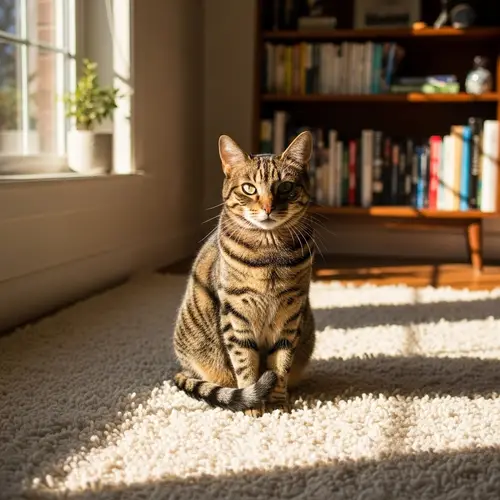 Cozy Cat Sitting Comfortably on Plush Rug