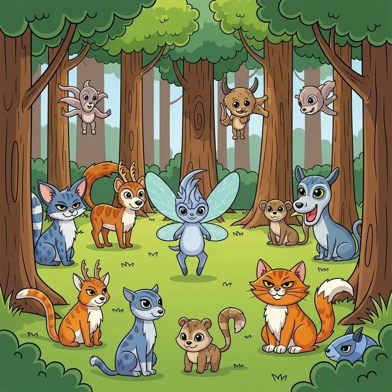 Comic Forest with Whimsical Fairy Animal and Cat Comic Forest with Whimsical Fairy Animal and Cat