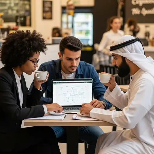 Diverse Startup Founders Discussing Project Plan in Spain Cafe