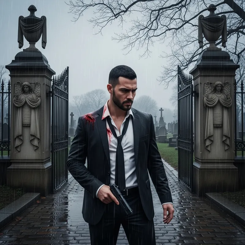 Mysterious Man in Black Suit Stands at Rainy Cemetery Gates Mysterious Man in Black Suit Stands at Rainy Cemetery Gates