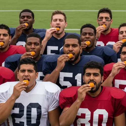Diverse Football Players Singing Anthem and Eating Croquette