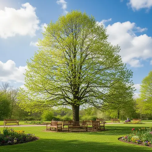 Tranquil Park Scene with Vibrant Tree: Spring Serenity