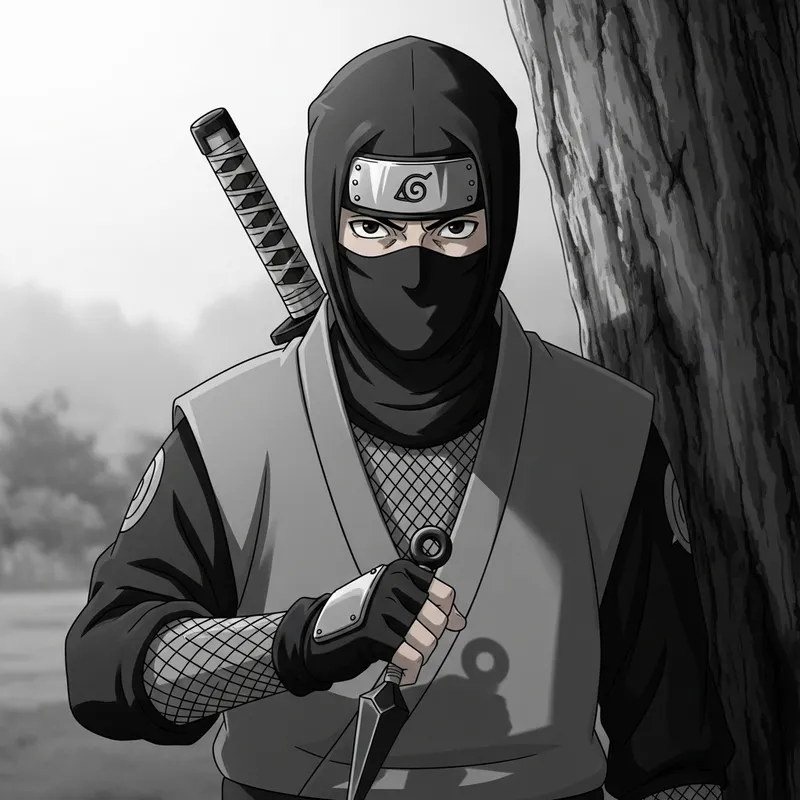 Mysterious Ninja with Obito Uchiha Eyes Holds Kunai by Tree